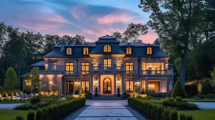 Fotobehang Oud gebouw Suburban dream home with a classic-modern exterior, incorporating timeless elements, a grand entrance, and meticulously landscaped gardens