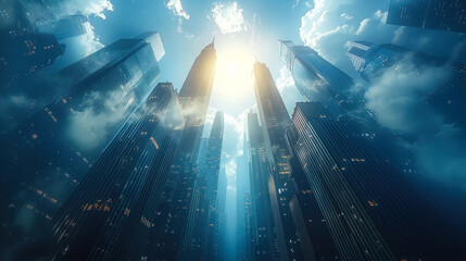 Futuristic Cityscape with Skyscrapers and Flying Cars in VR Mockup