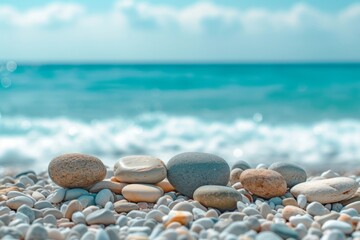 Fototapeta na wymiar Pebbles on a Beach with Turquoise Sea Backdrop A serene beach scene with smooth pebbles lined up against the backdrop of a sparkling turquoise sea and clear blue sky. 