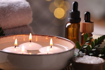 Beautiful composition with different spa products on table, closeup
