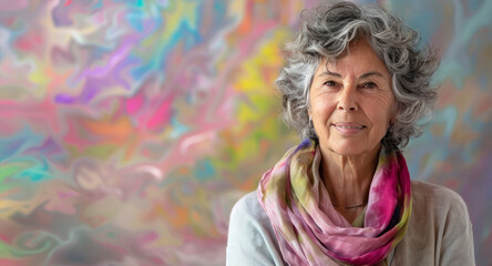 Portrait photography of a pleased Brazilian woman in her 70s wearing a foulard against a pastel or soft color background. contented woman in her seventies, elegantly adorned with a foulard. copy space