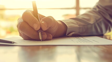 Man signing a document or writing correspondence with a close up view of his hand with the pen and sheet of notepaper on a desk top. With retro filter effect. - obrazy, fototapety, plakaty