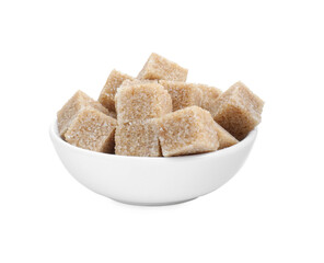 Brown sugar cubes in bowl isolated on white