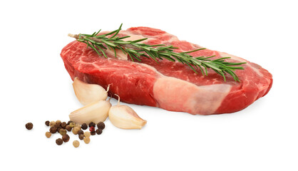 Raw beef steak and spices isolated on white