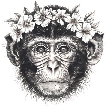 Drawing pen monkey face macaque portrait