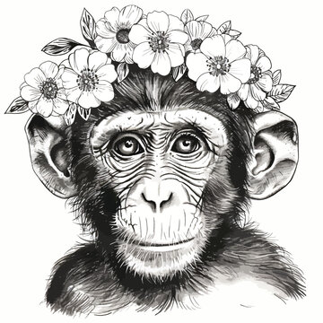 Drawing pen monkey face macaque portrait
