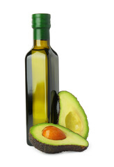 Vegetable fats. Bottle of cooking oil and fresh cut avocado isolated on white