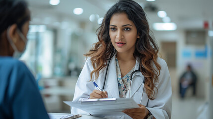 Indian female doctor consulting patient filling form at consultation. wearing white coat talking to woman signing medical paper at appointment visit in hospital ward.