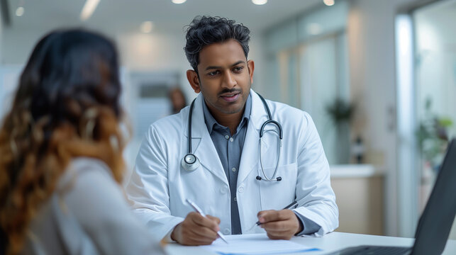 Indian male doctor consulting patient filling form at consultation. wearing white coat talking to woman signing medical paper at appointment visit in hospital ward.