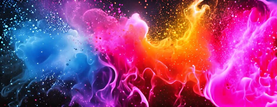 Explosion of bright colorful paint on black background, burst of multicolored powder, abstract pattern of colored dust splash 4K Video