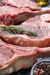 Fresh raw beef cuts and different spices on table, closeup