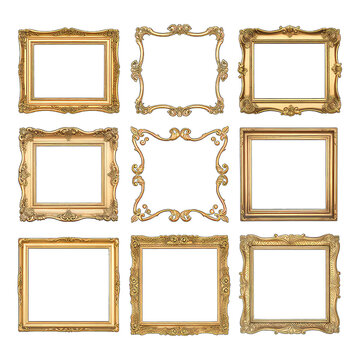 Blank Golden picture frame set, ornament golden luxury photo frame png