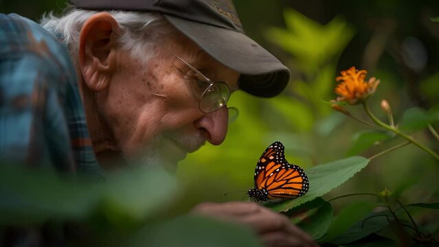 In the midst of a tranquil forest an elderly man carefully zooms in on a majestic monarch butterfly perched on a dewy leaf capturing its intricate patterns and vibrant colors.
