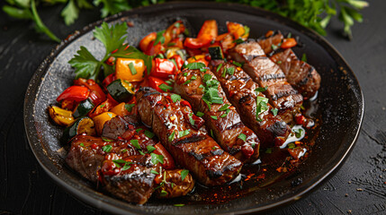 Grilled meat tenderloin with stewed roasted vegetables.