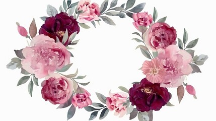 Elegant floral wreath with blank space in the center isolated on white background. Wedding invitation, celebration, and romance concept. Watercolor style illustration