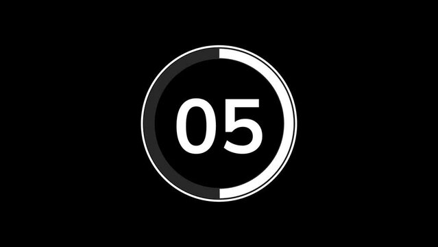 10 seconds countdown timer animation with simple flat modern white circle indicator animation on black background