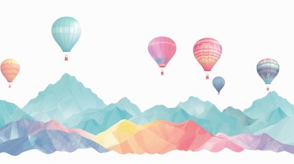 Fototapeta na wymiar Colorful hot air balloons flying over mountains isolated on white background. Adventure, travel, and freedom concept. Minimalist style illustration