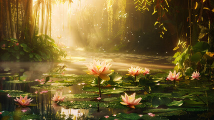 Water Lilies in the soft light of dusk, employing cinematic framing to highlight the elegance of the blooms.
