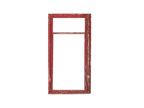 Old red wooden window frame isolated on transparent background.
