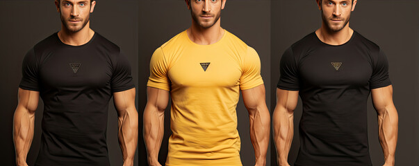 Fitness trendy clothing with new brand design on chest.