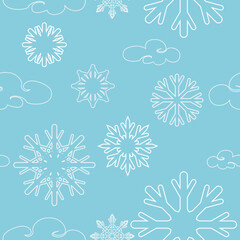 Editable Seamless Pattern Vector of Winter Snowflakes and Clouds in Outline Style for Creating Background and Decorative Element of Nature and Season Related Design