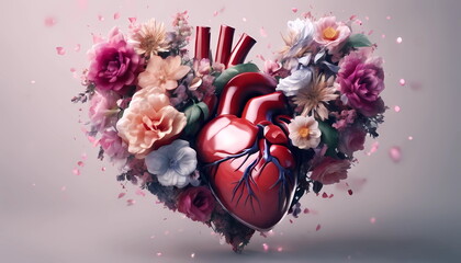 Human heart with flowers, love and emotion concept, good hearted person, help and charity - obrazy, fototapety, plakaty