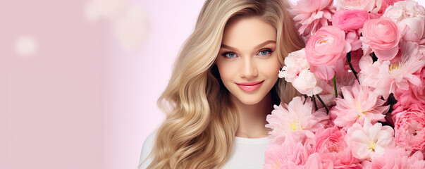 Beautiful woman with blond hair holding pink flowers