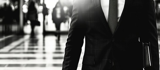 Monochrome Business Background. Black and white photo of a businessman on a blurred background of a business center