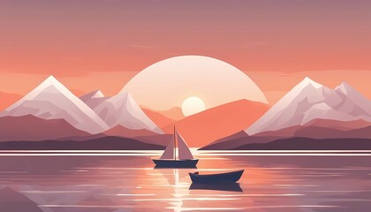 Landscape sea and mountains. Sunset with a boat. illustration. Minimalist