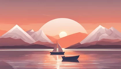 Schilderijen op glas Landscape sea and mountains. Sunset with a boat. illustration. Minimalist © gangiskhan