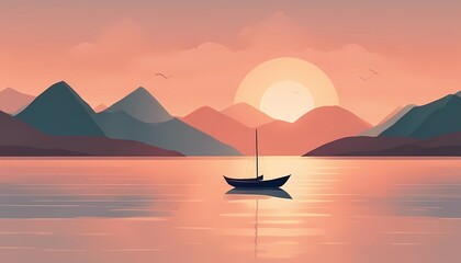 Landscape sea and mountains. Sunset with a boat. illustration. Minimalist