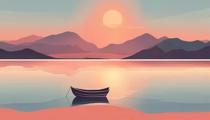 Poster Landscape sea and mountains. Sunset with a boat. illustration. Minimalist © gangiskhan