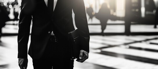 Monochrome Business Background. Black and white photo of a businessman on a blurred background of a business center