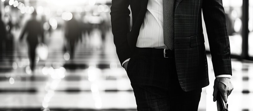Monochrome Business Background. Black and white photo of a businessman on a blurred background of a business center