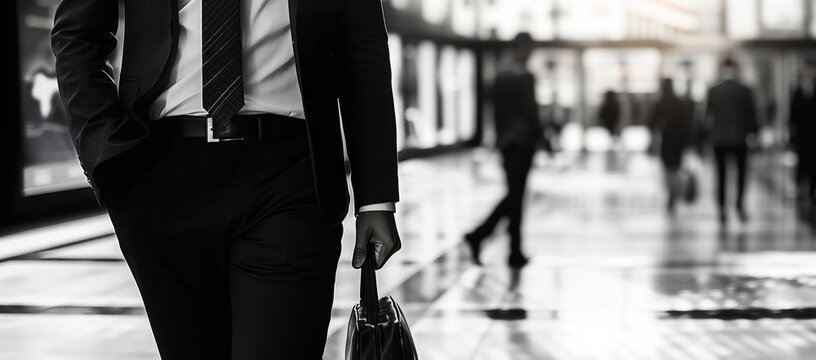 Monochrome Business Background. Black and white photo of a businessman on a blurred background of a business center