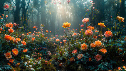 A Forest with Different Animals and Flowers in the Wild