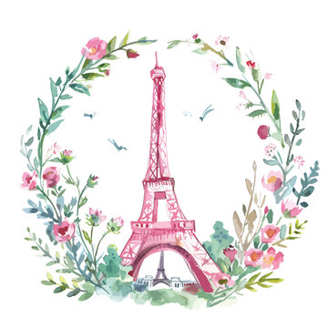 Sweet watercolor illustration Pink Eiffel tower