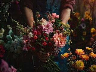 
florist selects flowers for making bouquet 
