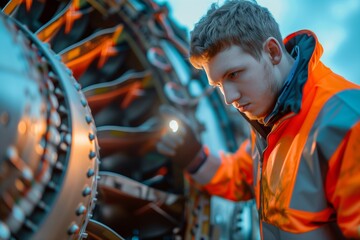 Aeronautical engineer in high visibility vest inspecting the turbine of jet engine with a flashlight.