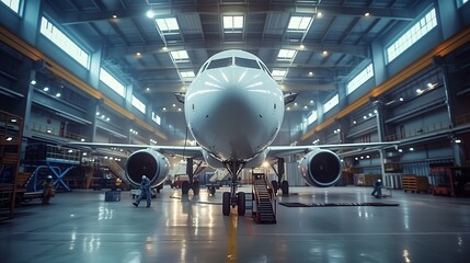 View of an aircraft repair factory, showing an aviation engineer climbing on a ladder to inspect the tail of a large commercial airplane with high-tech maintenance gear scattered around. - obrazy, fototapety, plakaty