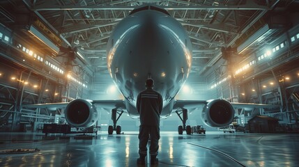 An engineer stands facing a large commercial airplane in an aircraft hangar, with an awe-inspiring...