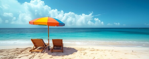 lounge chairs on a sandy beach with blue sky - obrazy, fototapety, plakaty