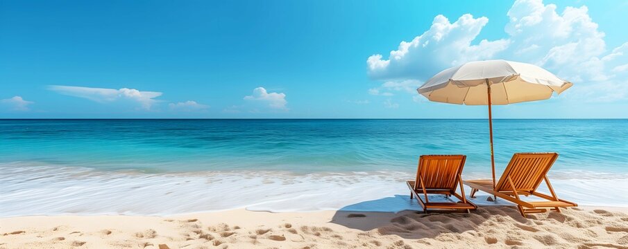 lounge chairs on a sandy beach with blue sky