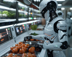 Robots mastering the art of cooking in a hi tech kitchen equipped with smart appliances and AI recipes Culinary innovation at its finest. Generative ai. - obrazy, fototapety, plakaty