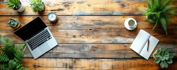 Laptop and notebook and book on a wooden table background,top view