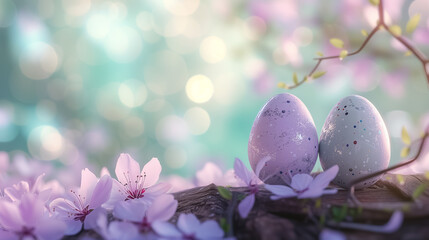 pastel colors Easter eggs on wood with flowers on blurred trees background. free space. Easter card