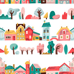Houses, buildings, trees, bridges. Seamless pattern. Children's vector illustration in modern style.