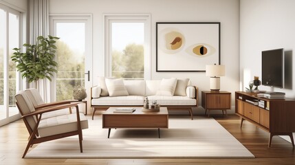 Fototapeta na wymiar Minimalist Mid-Century Retreat Create a sunroom with minimalist mid-century modern style
