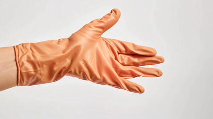 Hand in rubber kitchen glove isolated on white background.