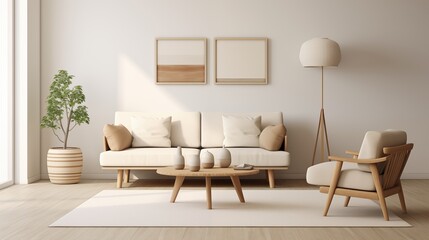 Fototapeta na wymiar Minimalist Scandinavian-inspired Living Room with Soft Beige Walls and Nordic Simplicity Design a minimalist Scandinavian-inspired living room with soft beige walls
